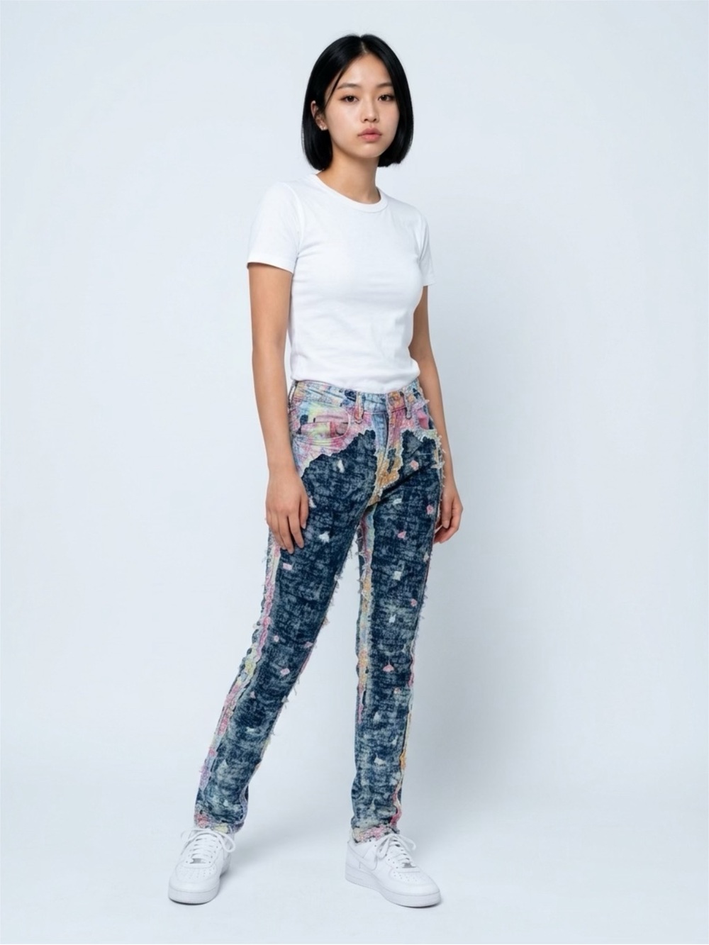 Skinny High-Rise Jeans in Washed Blue with Pastel Accents